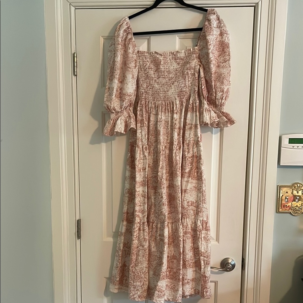Nothing Fits But - pink toile smoked Square-Neck puff Sleeve midi Dress in Blush